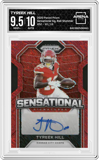 Tyreek Hill from the 2020 Panini Prizm set featuring a Red Shimmer parallel graded by Arena Club and given an overall grade of 9.5.