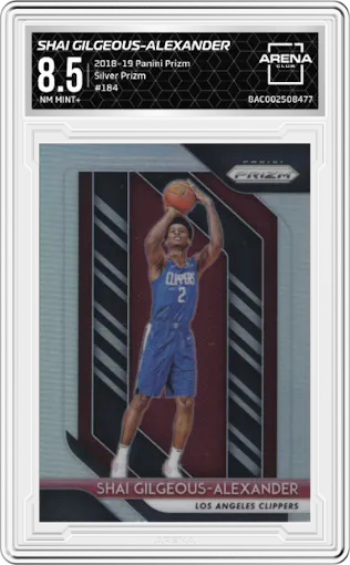 Shai Gilgeous-Alexander from the 2018-19 Panini Prizm set featuring a Silver Prizm parallel graded by Arena Club and given an overall grade of 8.5.