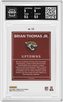 Brian Thomas Jr. from the 2024 Donruss Optic set graded by Arena Club and given an overall grade of 9.5.