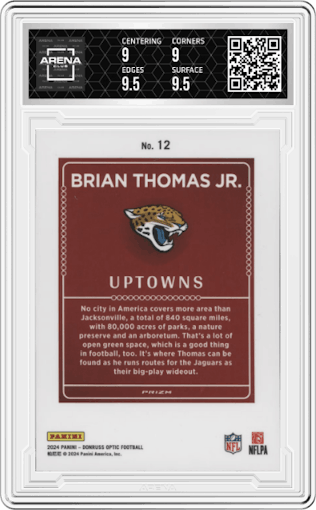Brian Thomas Jr. from the 2024 Donruss Optic set graded by Arena Club and given an overall grade of 9.5.