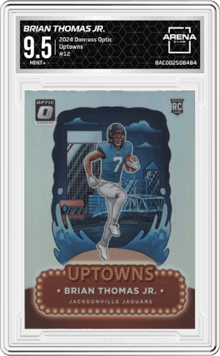 Brian Thomas Jr. from the 2024 Donruss Optic set graded by Arena Club and given an overall grade of 9.5.