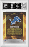 Jahmyr Gibbs from the 2023 Panini Contenders Optic set featuring a Gold parallel graded by Arena Club and given an overall grade of 9.