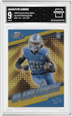 Jahmyr Gibbs from the 2023 Panini Contenders Optic set featuring a Gold parallel graded by Arena Club and given an overall grade of 9.