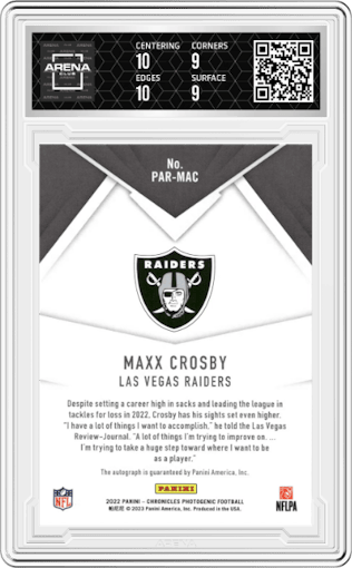 Maxx Crosby from the 2022 Panini Chronicles set featuring a Blue parallel graded by Arena Club and given an overall grade of 9.5.