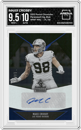 Maxx Crosby from the 2022 Panini Chronicles set featuring a Blue parallel graded by Arena Club and given an overall grade of 9.5.