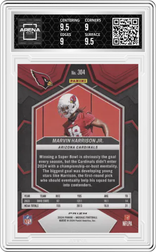 Marvin Harrison Jr. from the 2024 Panini Mosaic set featuring a Genesis parallel graded by Arena Club and given an overall grade of 9.5.