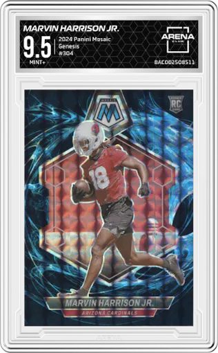 Marvin Harrison Jr. from the 2024 Panini Mosaic set featuring a Genesis parallel graded by Arena Club and given an overall grade of 9.5.