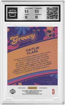 Caitlin Clark from the 2024 Panini Prizm WNBA set featuring a Blue Pulsar parallel graded by Arena Club and given an overall grade of 10.