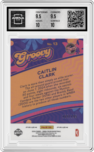 Caitlin Clark from the 2024 Panini Prizm WNBA set featuring a Blue Pulsar parallel graded by Arena Club and given an overall grade of 10.