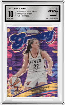 Caitlin Clark from the 2024 Panini Prizm WNBA set featuring a Blue Pulsar parallel graded by Arena Club and given an overall grade of 10.