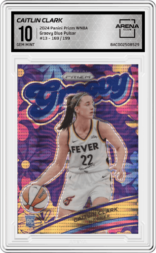 Caitlin Clark from the 2024 Panini Prizm WNBA set featuring a Blue Pulsar parallel graded by Arena Club and given an overall grade of 10.