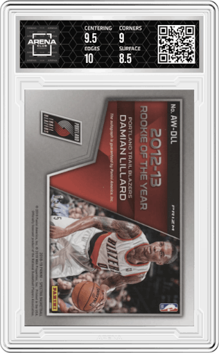Damian Lillard from the 2018-19 Panini Spectra set featuring a Neon Pink parallel graded by Arena Club and given an overall grade of 9.