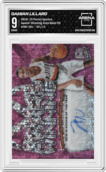 Damian Lillard from the 2018-19 Panini Spectra set featuring a Neon Pink parallel and given an overall grade of 9.