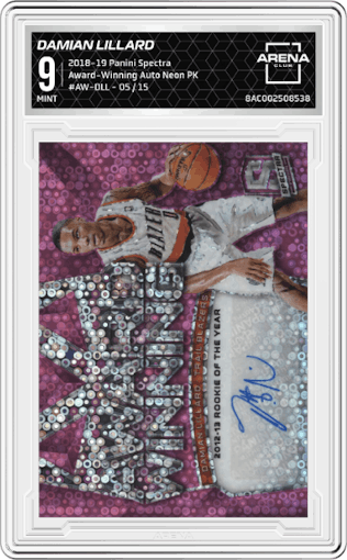 Damian Lillard from the 2018-19 Panini Spectra set featuring a Neon Pink parallel graded by Arena Club and given an overall grade of 9.