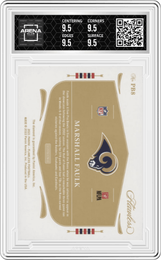 Marshall Faulk from the 2021 Panini Flawless set featuring a Diamond parallel graded by Arena Club and given an overall grade of 9.5.