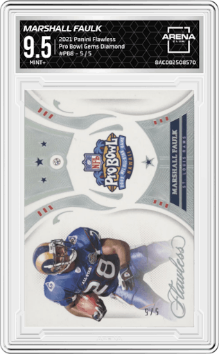 Marshall Faulk from the 2021 Panini Flawless set featuring a Diamond parallel graded by Arena Club and given an overall grade of 9.5.