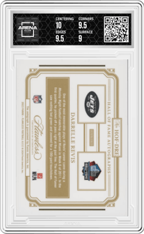 Darrelle Revis from the 2023 Panini Flawless set featuring a Silver parallel graded by Arena Club and given an overall grade of 9.5.