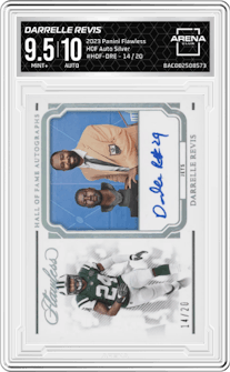 Darrelle Revis from the 2023 Panini Flawless set featuring a Silver parallel graded by Arena Club and given an overall grade of 9.5.