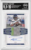 Russell Wilson from the 2019 Panini National Treasures set featuring a Prime parallel graded by Arena Club and given an overall grade of 9.5.