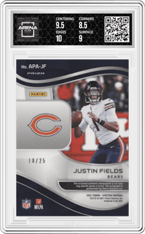 Justin Fields from the 2021 Panini Spectra set featuring a Neon Blue parallel graded by Arena Club and given an overall grade of 9.