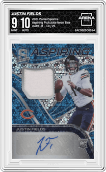 Justin Fields from the 2021 Panini Spectra set featuring a Neon Blue parallel graded by Arena Club and given an overall grade of 9.