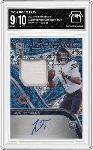Justin Fields from the 2021 Panini Spectra set featuring a Neon Blue parallel graded by Arena Club and given an overall grade of 9.
