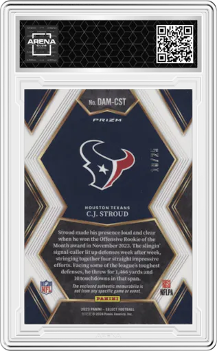 C.J. Stroud from the 2023 Panini Select set featuring a Tie-Dye parallel graded by Arena Club.