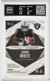 Zamir White from the 2022 Panini Phoenix set featuring a Onyx Prime parallel graded by Arena Club and given an overall grade of 9.5.
