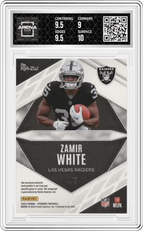Zamir White from the 2022 Panini Phoenix set featuring a Onyx Prime parallel and given an overall grade of 9.5.