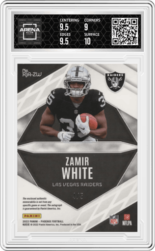 Zamir White from the 2022 Panini Phoenix set featuring a Onyx Prime parallel graded by Arena Club and given an overall grade of 9.5.