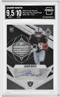 Zamir White from the 2022 Panini Phoenix set featuring a Onyx Prime parallel graded by Arena Club and given an overall grade of 9.5.