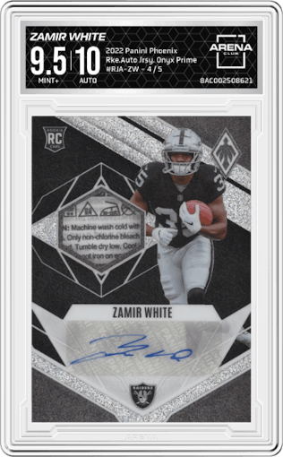 Zamir White from the 2022 Panini Phoenix set featuring a Onyx Prime parallel graded by Arena Club and given an overall grade of 9.5.