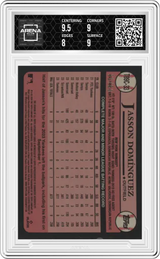 Jasson Dominguez from the 2024 Topps Series 1 Silver Pack set featuring a Gold parallel graded by Arena Club and given an overall grade of 8.5.