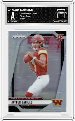 Jayden Daniels from the 2024 Panini Prizm set featuring a Silver Prizm parallel graded by Arena Club.