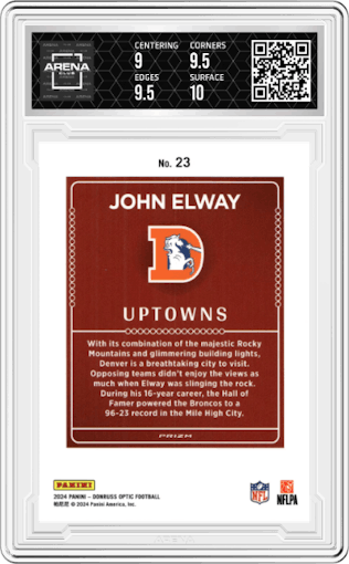 John Elway from the 2024 Donruss Optic set graded by Arena Club and given an overall grade of 9.5.