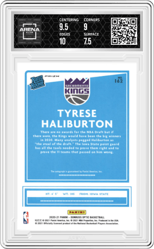 Tyrese Haliburton from the 2020-21 Panini Donruss Optic set featuring a Holo parallel graded by Arena Club and given an overall grade of 8.