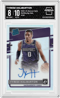 Tyrese Haliburton from the 2020-21 Panini Donruss Optic set featuring a Holo parallel graded by Arena Club and given an overall grade of 8.