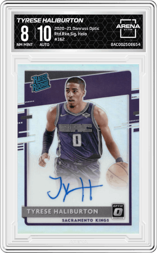 Tyrese Haliburton from the 2020-21 Panini Donruss Optic set featuring a Holo parallel graded by Arena Club and given an overall grade of 8.