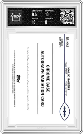 Malik Nabers from the 2024 Topps Chrome set featuring a Yellow Geometric Refractor parallel graded by Arena Club and given an overall grade of 8.5.