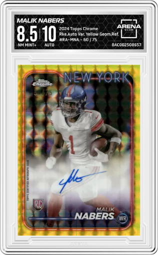 Malik Nabers from the 2024 Topps Chrome set featuring a Yellow Geometric Refractor parallel graded by Arena Club and given an overall grade of 8.5.
