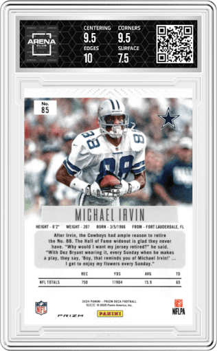 Michael Irvin from the 2024 Panini Prizm Deca set featuring a Gold Prizm parallel graded by Arena Club and given an overall grade of 8.