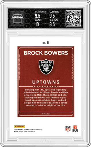 Brock Bowers from the 2024 Donruss Optic set graded by Arena Club and given an overall grade of 9.