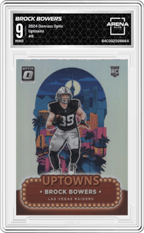 Brock Bowers from the 2024 Donruss Optic set graded by Arena Club and given an overall grade of 9.