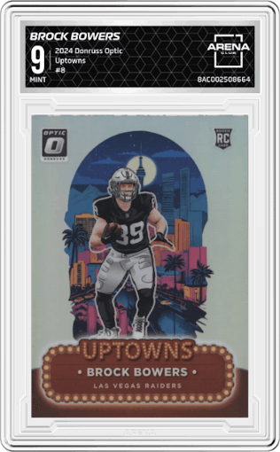 Brock Bowers from the 2024 Donruss Optic set graded by Arena Club and given an overall grade of 9.