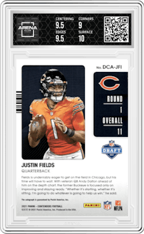 Justin Fields from the 2021 Panini Contenders   set graded by Arena Club and given an overall grade of 9.5.