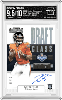 Justin Fields from the 2021 Panini Contenders   set graded by Arena Club and given an overall grade of 9.5.