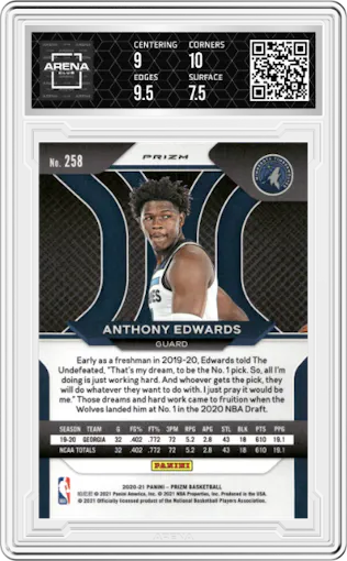 Anthony Edwards from the 2020-21 Panini Prizm set featuring a Silver Prizm parallel graded by Arena Club and given an overall grade of 8.