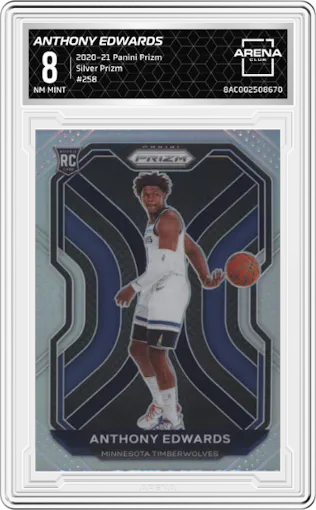 Anthony Edwards from the 2020-21 Panini Prizm set featuring a Silver Prizm parallel graded by Arena Club and given an overall grade of 8.