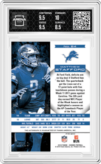 Matthew Stafford from the 2018 Panini Honors set featuring a Orange parallel graded by Arena Club and given an overall grade of 9.
