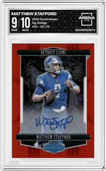 Matthew Stafford from the 2018 Panini Honors set featuring a Orange parallel graded by Arena Club and given an overall grade of 9.
